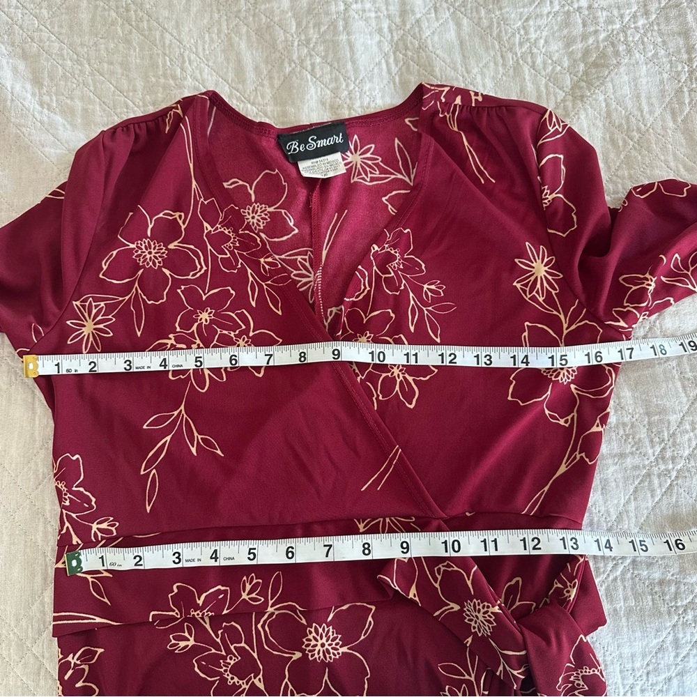 Floral Burgundy Wrap Midi Dress V-Neck Long Sleeve Stretchy 7/8 🔥 - Picture 4 of 8